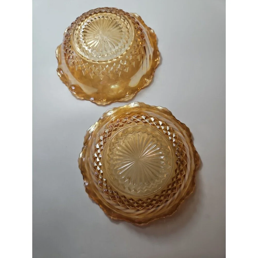 Marigold Depression Carnival Glass Bowls LOT w Ruffled Edge Gold Iridescent